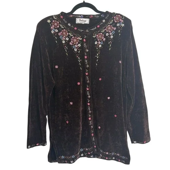 Vtg Brown Chenille Cardigan Sz L • Beaded Embroidery Sparkle Cottagecore‎ Granny - Picture 2 of 9